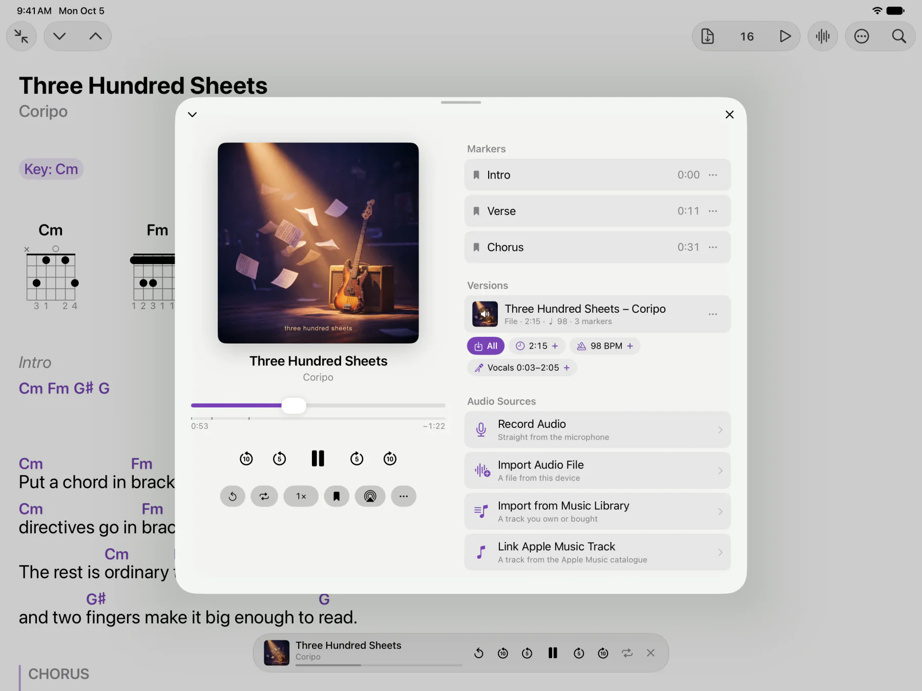 The player above the sheet: the cover of “Three Hundred Sheets”, markers for intro, verse and chorus, and below the version the length, tempo and vocals Coripo found in the recording