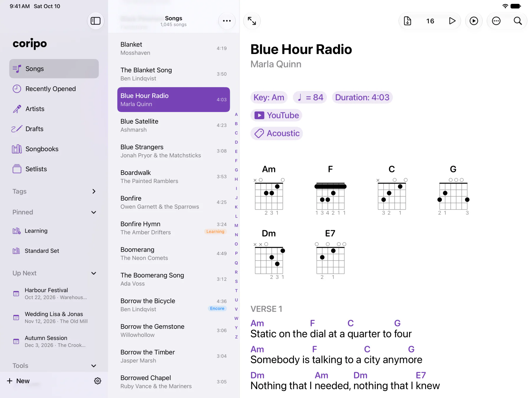 Coripo on the iPad: library in the sidebar, the song list and an open chord sheet