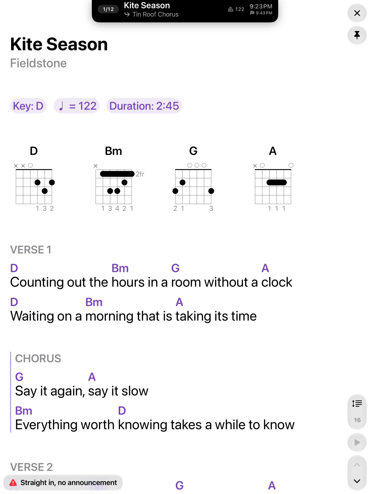 Live mode on an upright iPad: the time at the top, and below it when the set is expected to end