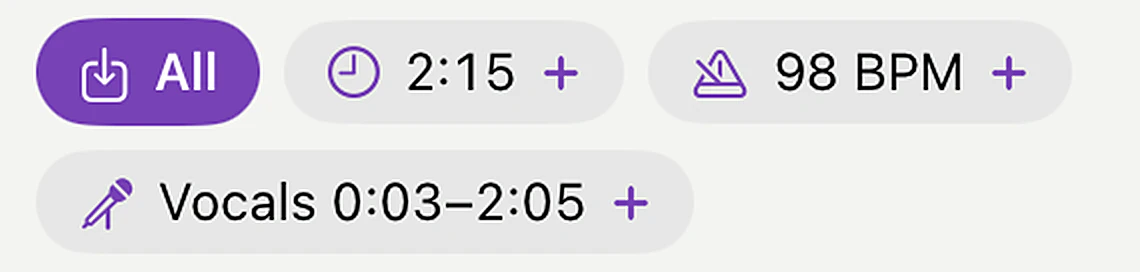 Enlarged: length, tempo and vocals of the recording, each with a button to take it into the song
