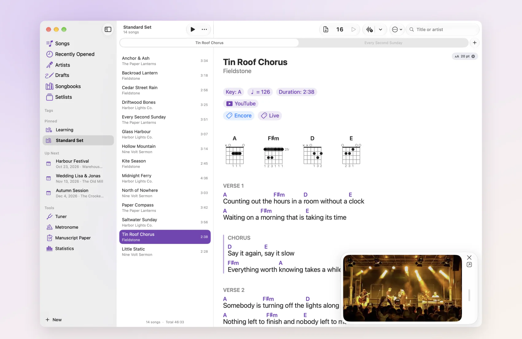 Coripo on the Mac with two songs open as tabs: library, songbook and the sheet, with the song’s YouTube video playing in the bottom right corner